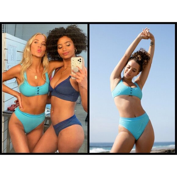 💕L*SPACE💕 Henley Ribbed Bikini (Robbie Top + Camacho Bottom) Aquarius XL NWT - Picture 6 of 14